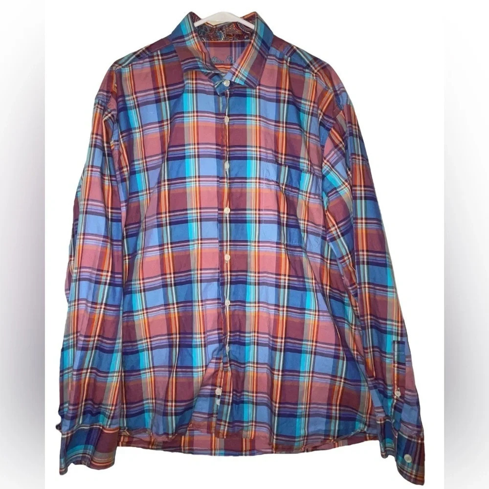 Alan Flusser Button Shirt Long Sleeve Multicolor Plaid Flip Cuff Mens Size XXL